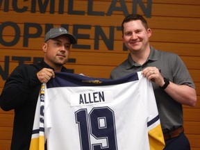 from left to right. Grande Peace Athletic Club President Tyler Stojan and GPAC Technical Director Ryan Allen at a press conference back in the summer of 2018. The GPAC Storm organization recently added two teams to from the Grande Prairie Minor Hockey Association Knights program.