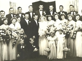 The wedding party for the 1952 marriage of Brian Angyal's Aunt Ida to Emil Jakab at Strathroy United Church. Note the cute ring bearer on the left – Brian himself. Photo courtesy of Brian Angyal
