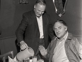 Former mayors J. V. Killer and James Neilson enjoy breakfast at the Windsor Hotel as part of a special celebration for a Stratford walkathon to raise money for the Dufferin Park project in 1971. 
STRATFORD-PERTH ARCHIVES