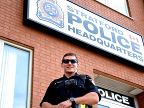 Stratford police Const. Darren Fischer wears one of three new body cameras purchased by the Stratford Police Service as part of a pilot program launched in the spring that is testing the use of the cameras to collect evidence and add more transparency to policing. Galen Simmons/The Beacon Herald/Postmedia Network