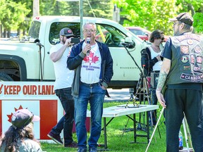 ANOTHER LOCKDOWN PROTEST: Dissident former Tory  MPP Randy Hillier, who now sits as an Independent, addresses a protest group at Bellevue Park on Saturday. BOB DAVIES/SAULT THIS WEEK