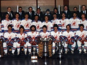 The 1981 Allan Cup-winning Petrolia Squires. Back row: Al Gibbons, Bill Stobbs, Sippie Scholten, Jim Duffy, Keith Cameron, coach Steve Degurse, Clare Ross, Dave Osborne, Dr. Harold Shabshove, Mait Edgar, and manager Ira Downer. Middle row: trainer Ron Goodachre, Bill Abercrombie, Len Fontaine, Steve Stoyanovich, Grant Musselman, Bob Gardiner, Bill Fairburn, Bill Brown, Brian Edgar, Gary Wilson, Jerry Sancartier, John Held, Ray Tilley, Al Houston and trainer Rob Metcalfe. Front row: Dave Tataryn, Doug Zonneville, Ron Wilson, captain Barry Edgar, Larry Lucas, Dale Wilson, Dave Wilson and Bruce Aberhart. Photo courtesy Sarnia Sting