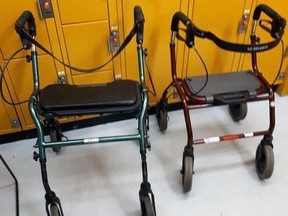 Sarnia police are looking for the owners of two walkers after they say two suspects dumped the mobility-aiding devices in some bushes near a busy city road. Sarnia police