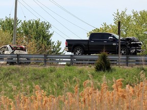 One person was taken to hospital after a crash temporarily closed Highway 402 to traffic heading west on Wednesday May 19, 2021 in Sarnia, Ont. (Terry Bridge/Sarnia Observer)