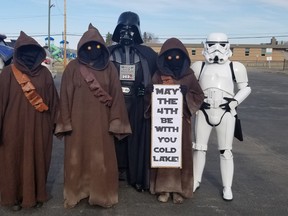Members of the Cold Lake Star Wars Costume Group in Cold Lake North on Star Wars Day.