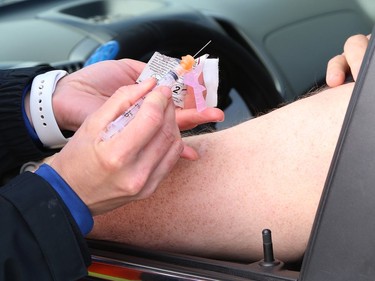 A drive-through vaccination clinic was held at the Primacy Medical Centre in a parking lot near the Real Canadian Superstore on Lasalle Boulevard in Sudbury, Ont. on Monday May 10, 2021. The medical centre provided the Moderna vaccine in collaboration with Public Health Sudbury and Districts. John Lappa/Sudbury Star/Postmedia Network