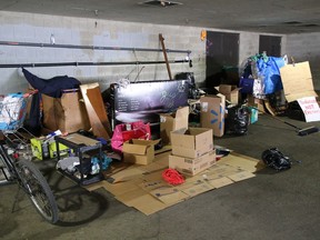 Items from an encampment at the underground parking facility at the YMCA in Sudbury on May 12.