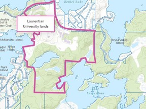 The property owned by Laurentian University includes its campus but also more than 200 hectares of undeveloped land that borders on Lake Nepahwin -- where a beach is located -- and Lake Laurentian. Within this sprawling green space are numerous trails for hiking, nordic skiing and cross-country running.