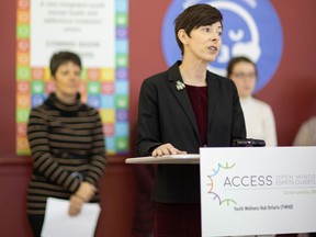 Kathy Alexander speaks at the former CIBC bank branch at 190 Front St. in Sarnia in late 2019 during an announcement it would be the home of Sarnia-Lambton's Access Open Minds youth mental health facility. Submitted