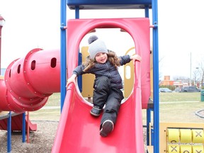 Kloe Courschene, 3, was enjoying the outdoor playground at Hollinger Park early last week, taking advantage of the mild conditions before it cooled off later in the week. Looking ahead, Timmins residents can expect a week of wet weather according to Environment Canada.

RICHA BHOSALE/The Daily Press