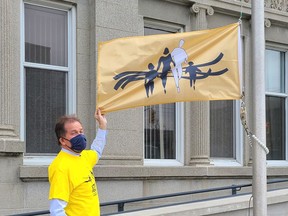 Mayor George Pirie helped to raise a flag in front of city hall on Monday after declaring May 3 to May 9 as Mental Health Week in Timmins.

Supplied