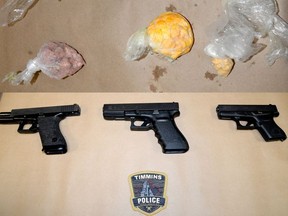 The Timmins Police Service displayed the weapons and some of the drugs that were seized after executing search warrants at two city residences Tuesday evenings. Nine people were arrested and a total of 82 charges laid.

Supplied