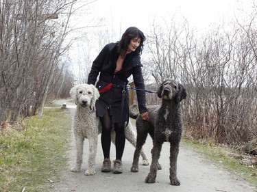 Chani Delorme, was walking her dogs Bowie, on left and Gemma, at Gillies Lake trail on Thursday afternoon. The Mattagami Region Conservation Authority and Wintergreen are encouraging Timmins walkers and cyclists to participate in an upcoming spring cleaning campaign of the community trail system this Saturday. 

RICHA BHOSALE/The Daily Press