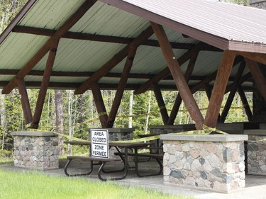 Until current COVID restrictions are lifted, enclosed picnic areas at Kettle Lakes Provincial Park are taped off and closed.

RICHA BHOSALE/The Daily Press