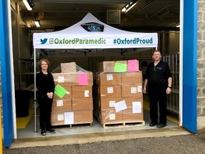 The first shipment of personal protective equipment from the province arrived in Oxford County on May 3 where local paramedics will handle the logistics of supply distribution. Shown are Barb St. Clair and Jay Pember. Supplied