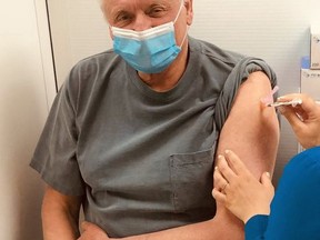 Haldimand-Norfolk MPP Toby Barrett reported May 19 that he and his wife Cari have tested positive for COVID-19. This is a photo of Barrett receiving his first shot of the COVID-19 vaccine in April. Twitter photo