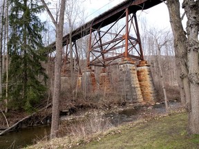 The Kinsmen Pedestrian Bridge, originally built as a rail bridge in the 1870s over the Stoney Creek ravine, is a part of Tillsonburg's railway history. (Chris Abbott/Norfolk and Tillsonburg News)