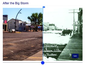 A screen shot from the On This Spot website, showing Vulcan's present-day Centre Street and after a big storm years ago.