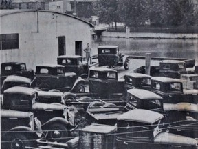 Wallaceburg's Government Dock, circa May to October, 1937. International trucks await loading onto a freighter. Looking north across the Sydenham River, the trees on the right side of the photo are located behind Wallaceburg's Carnegie Library. Built in 1908, the library stands to this day.  By the author's estimate, the archway that marks today's Superior Marine Park is located at, approximately, the right border of this photo.  Photo from September 1969 Wallaceburg News article by Frank Mann.