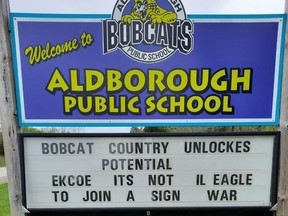 Aldborough Public School displays its message for the Eckoe Central Public School Eagles. Handout