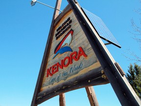 The sign sitting outside Kenora on Highway 17 West with the city's current logo.