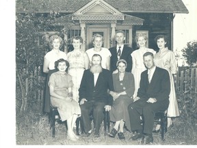 Andreeff Family - Back row from left to right Fannie (Schischikowsky), Zena (Clark),
Jean (Koyman), Nick, Viola (Kalugin), Fiena (McIntyre/Potter),
Front row - Doreen (Cavert/Riedijk), Phillip, Elena, Mike
Phillip, Elena, Viola and Mike were Russian by birth. The rest of the family were born Canadian. This photo was taken in 1953 outside of the old farmhouse located near Fairview, Alta.