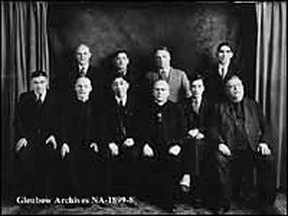 •	Glenbow Archives – 1935 – Members of Métis Association of Alberta with Members of Legislative Assembly – Edmonton: Back Row: (l-r) Joseph Miville Dechene (MLA); Felix Calihoo; Leonidas Alcidas Giroux, MLA; Peter Tomkins Jr. Front Row: (l-r) Jim Brady, secretary; Reverend Father Falher, Grouard parish priest; Joe Dion, president Métis Association; Reverend Bishop Guy; Malcolm F. Norris; Peter Tomkins Sr. Group photograph after Royal Commission to enquire into Métis question.