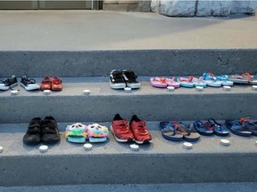 Shoes have been placed on the steps of the Pro-Cathedral of the Assumption in North Bay. Supplied
