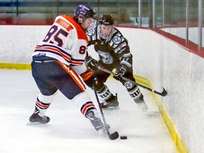 The Timmins Rock have acquired 2001-birth-year blue-liner Cameron Dutkiewicz, shown here in action during an NOJHL game against the Espanola Express, from the Soo Thunderbirds in exchange for a player development fee. The Timmins native is a graduate of the GNML’s Timmins Majors, where he played for new Rock coach/GM Brandon Perry. CHELSEA SOLOMON/NOJHL NETWORK
