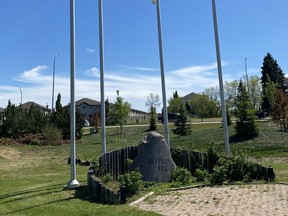 Flags lowered to half mast at Rotary Park in Stony Plain to honour the 215 children found in unmarked graves found at the site of the former Kamloops Indian Residential School. Photo by Josh Thomas.