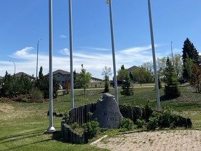 Flags lowered to half mast at Rotary Park in Stony Plain to honour the 215 children found in unmarked graves found at the site of the former Kamloops Indian Residential School. Photo by Josh Thomas.