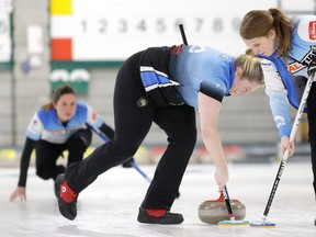 Vice Crystal Webster shouts instructions to team mates Amanda Gates and Jennifer Wylie of the Idylwylde's team Fleury as they sweep during Northern Ontario Curling Association Women's Scotties provincial playdown action against team Croisier also of the  Idylwylde at the Idylwylde Golf and Country Club  in Sudbury, Ont. on Thursday January 11, 2018.