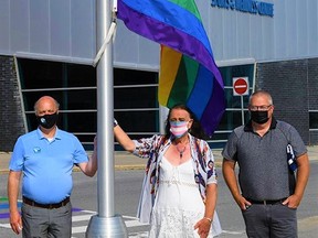Mayor Mitch Panciuk and manager of Recreation, Culture and Community Services Peter Lyng were pleased to join Bay of Quinte Pride Committee chair Stacey Jennifer Love in raising the Pride Flag at the Quinte Sports & Wellness Centre to mark Pride Month in June. CITY OF BELLEVILLE