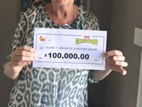 Elaine Thompson of Port Dover recently won $100,000 while playing OLG’s Instant Crossword Tripler scratch game. – OLG photo
