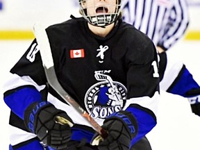 Sam McCue celebrates a goal with the Nickel City Sons U15 AAA team last season.