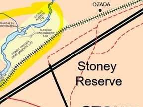 (Pictured) All the sites people trespass are on Stoney Nakoda First Nation's property (yellow). Officials said people going there without permission tramples their treatied land rights. People also try to access the site by walking on the CP rail line for extended periods (the dashed line). Trains are travelling at a high rate of speed here and CP Police Service have voiced concern for people traffic on their lines also. Image submitted.