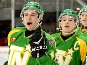 Riley Brousseau, left, shown celebrating a goal with captain Derek Seguin during an NOJHL game against the Cochrane Crunch at the McIntyre Arena on Jan. 15, 2019, is returning to the Timmins Rock lineup after sitting out the 2020-21 campaign. The 2001-birth-year forward has played more than 100 regular season games in the NOJHL. FILE PHOTO/THE DAILY PRESS