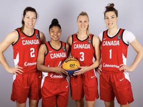 Samantha Cooper (3) with Katherine and Michelle Frances Plouffe, and Ceejay Nofuente, her teammates for the FIBA 3x3 Women's Series in Voiron, France.
