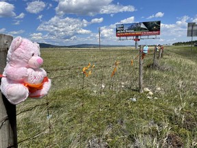 Members of the Stoney Nakoda First Nation, who had family members that were sent to the Morley residential school, organized the collection of teddy bears and orange ribbons for the small ceremony to remember the 215 children found in a mass grave at the former Kamloops Residential School by tying 215 teddy bears to a fence along the Trans-Canada Highway on June 4.
