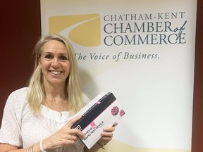 Gail Hundt, president and CEO of the Chatham-Kent Chamber of Commerce, is shown with a rapid testing kit. The chamber is offering the kits to small and medium-sized businesses to help reduce the spread of COVID-19. (Handout)
