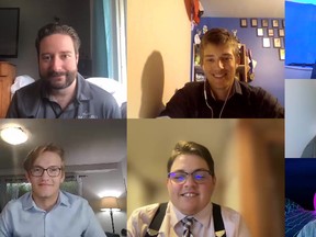 Participants in the Sarnia-Lambton Economic Partnership’s 2021 Summer Company Program hold a virtual meeting. Top (from left to right): Brian Maxfield (mentor/virtual service advisor), Matt Mueller, Jayme McCully. Bottom (from left to right): Jack Vrolyk, Anthony Clark, Chantelle Core (SLEP development coordinator) and Jared Waller (small business intern).Handout/Sarnia This Week