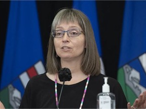 Alberta's chief medical officer of health Dr. Deena Hinshaw provided an update on COVID-19 and the ongoing work to protect public health, pictured on June 3, 2021. Masks will still be required on public transit, for ride-sharing, and in acute care and continuing care settings across the province, Hinshaw said Tuesday.