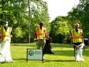 Volunteers with the Multicultural Association of Perth Huron were out early Saturday morning cleaning up discarded masks and other garbage in Stratford's parks system. Over the next few weeks, association volunteers will be cleaning up masks and garbage in other communities, including Goderich, Exeter and Woodstock. Pictured from left are association volunteer Hira Dhariwal, association founder Geza Wordofa, and board member Steve Landers. Galen Simmons/The Beacon Herald/Postmedia Network