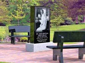 A new monument and courtyard, shown in a conceputal graphic, are expected to be completed in 2022 in memory of Dr. Bert Collip. CITY OF BELLEVILLE