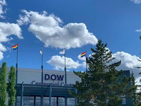 Rainbow flags were raised at the Dow Centennial Centre in Fort Saskatchewan in celebration of Pride Week. Photo Supplied.