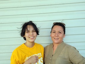 Denyce, left, with her mother Shelly Sandy. Denyce, who hails from Northwest Angle 33 First Nation won the James Bartleman Indigenous Youth Creative Writing Award for a poem she wrote.