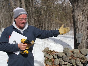 Newly inducted member of the International Maple Hall of Fame Ray Bonenberg addresses the crowd during a pre-COVID ceremonial tap-in to launch the local sugaring off season at his sugar bush called Mapleside in North Algona Wilberforce township.