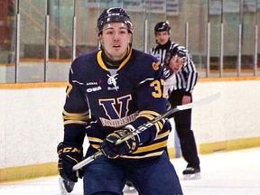 Zach Wilkie in action with the Laurentian Voyageurs during OUA men's hockey action at Gerry McCrory Countryside Sports Complex in Sudbury, Ont. on Wednesday, February 13, 2019.
