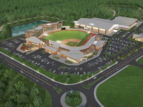 A rendition of the proposed state of the art metro ballpark and entertainment complex in Spruce Grove, which is being built at the corner of Highway 16A and Pioneer Road. Council approved the East Pioneer Area Structure Plan, that includes the development, at a council meeting on June 14.