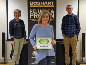 Boshart Industries, a master distributor of pipes, valves, and fittings based in Milverton, has recently become the region’s newest living-wage employer. Pictured from left to right: Melanie Higgins, senior vice-president of human resources, Julie Storey, president, and Chris Windsor, senior vice-president of sales and marketing.
(Contributed photo)